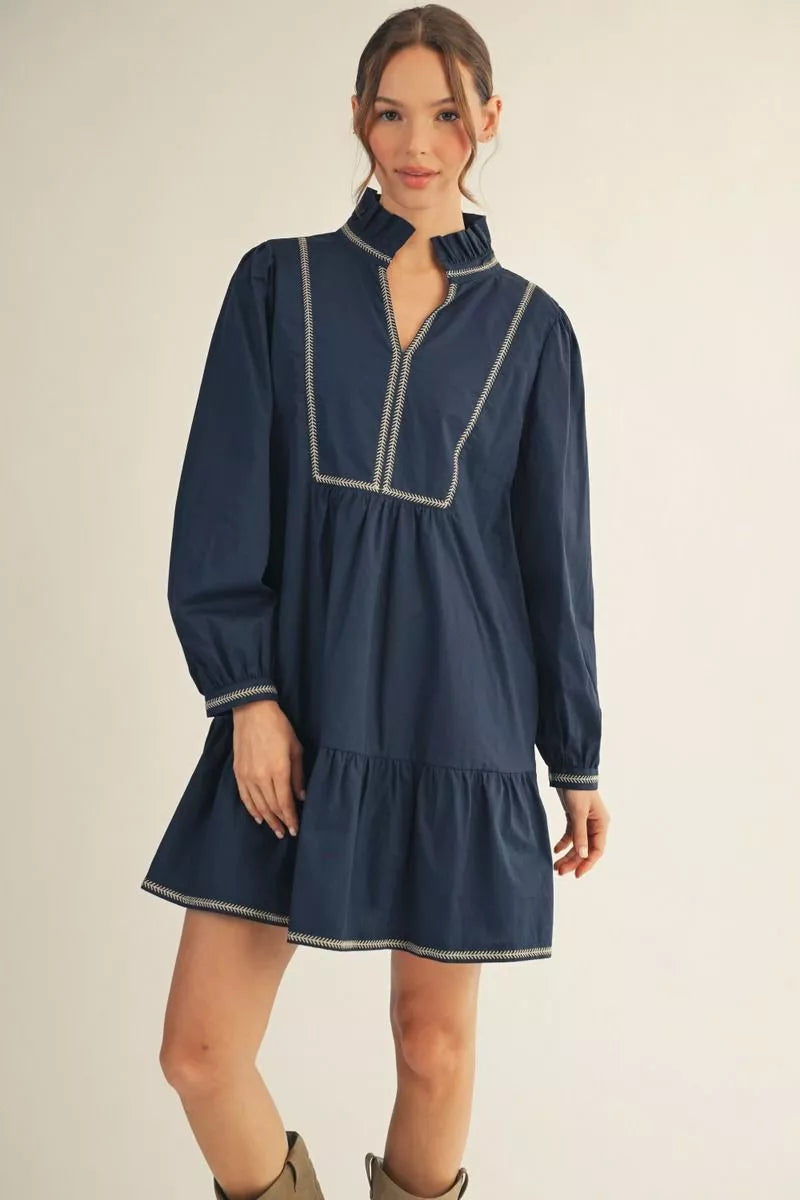 Long sleeve solid dress with ruffled neckline