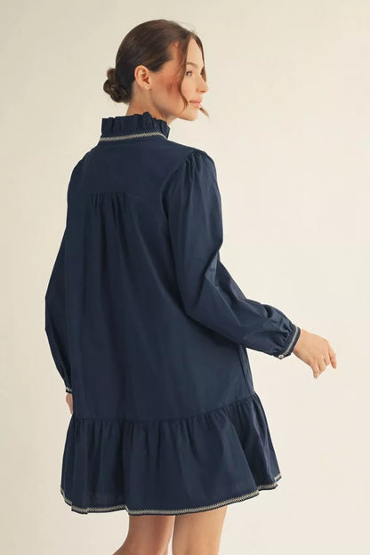 Long sleeve solid dress with ruffled neckline