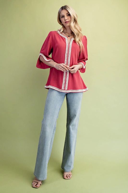 3/4 sleeve Linen Tunic in Raspberry