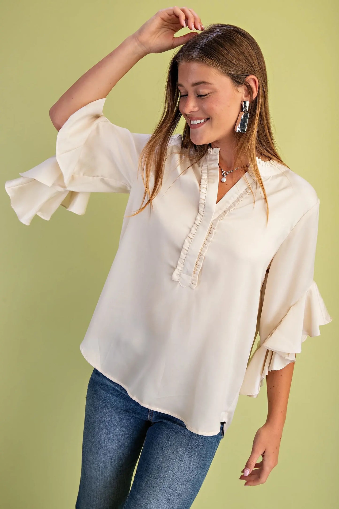 Satin Ruffle Bell Sleeve Top