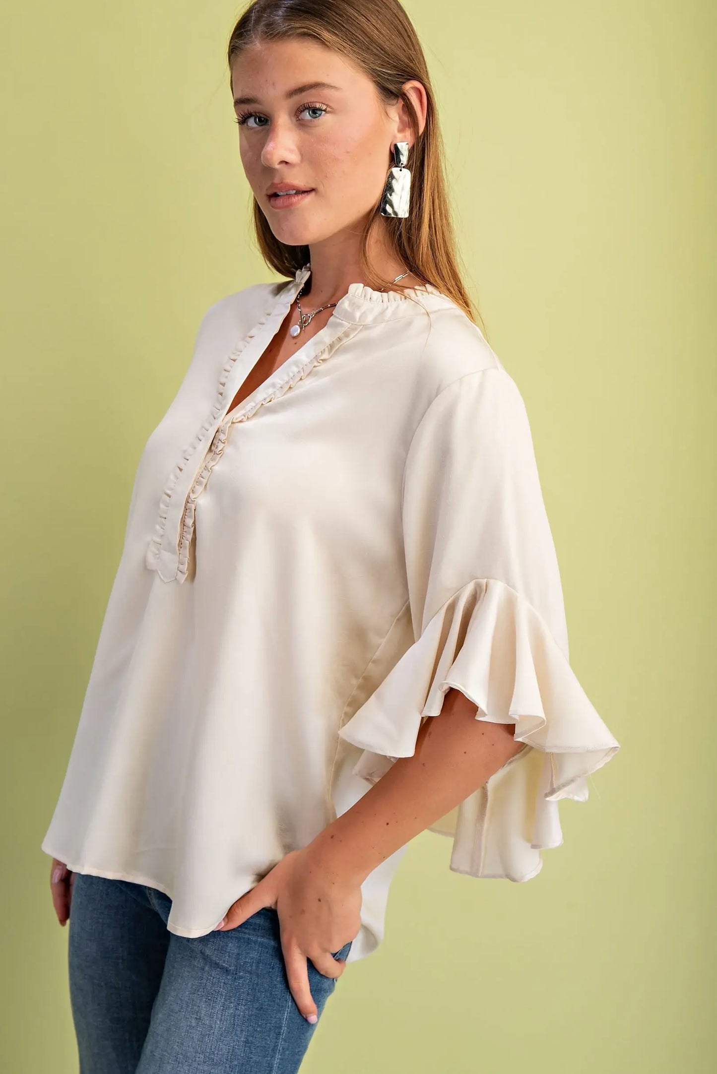 Satin Ruffle Bell Sleeve Top