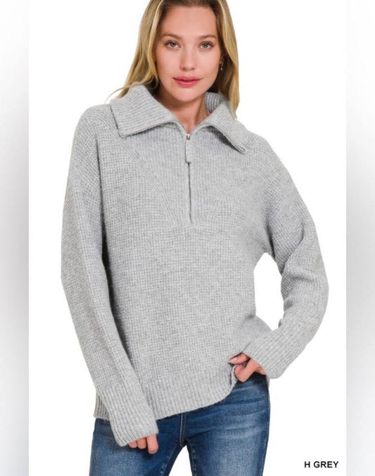 Gray Sweater with Zip Neck