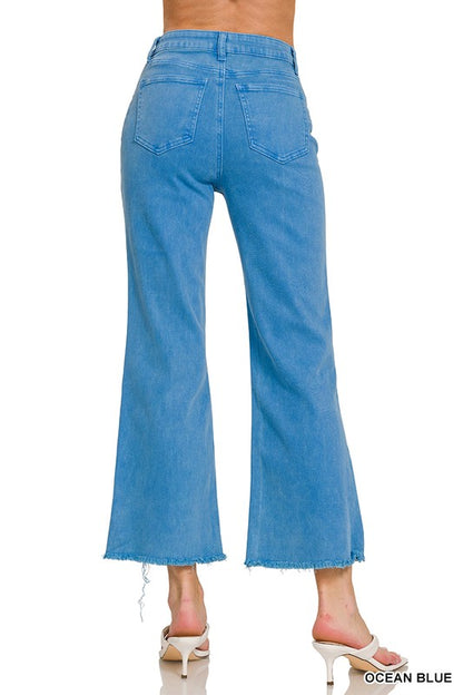 ACID WASHED HIGH WAIST FRAYED HEM BOOTCUT PANTS by ZENANA