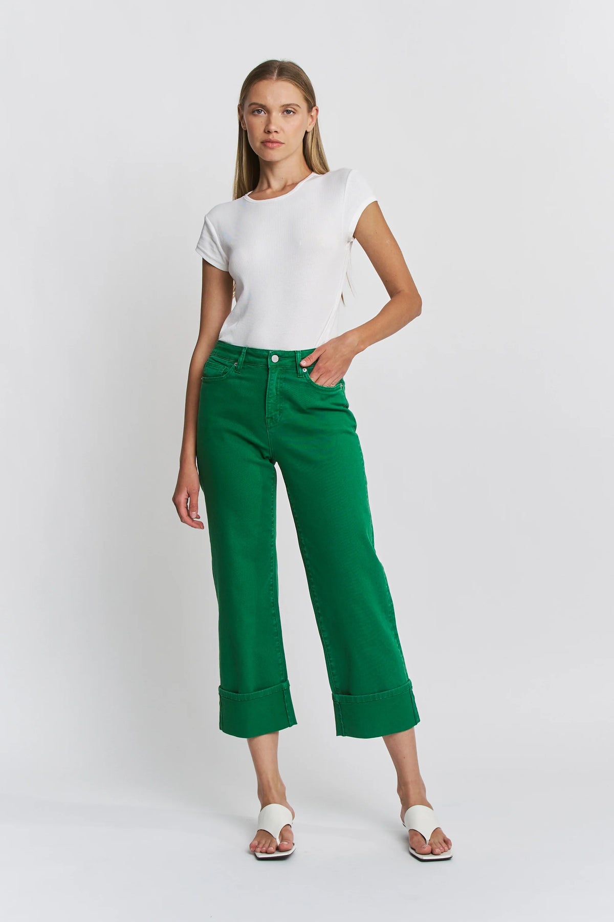 HIGH RISE WIDE CROP CUFFED In GREEN-How Cute is That? Boutique