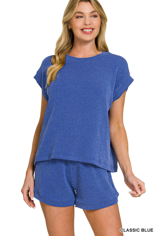RAISED RIB SHORT SLEEVE TEE & SHORT PANTS SET in Blue