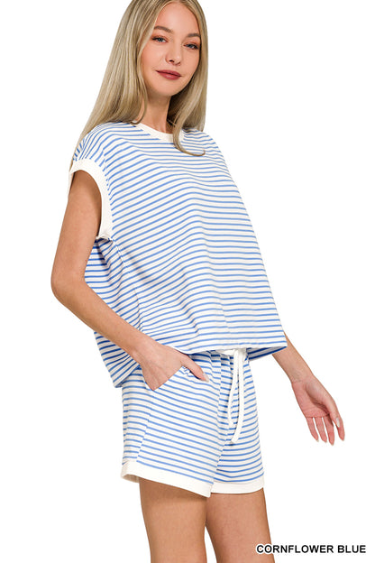 STRIPE CONTRAST TRIM TOP & SHORTS SET In Cornflower Blue