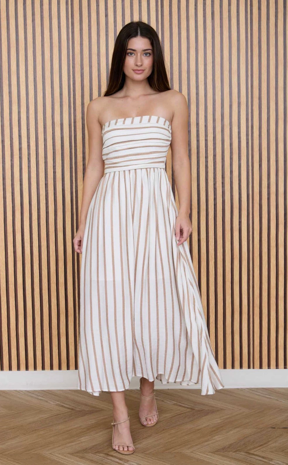 Striped Linen Blend Strapless Midi Dress – Coastal Chic Summer Style
