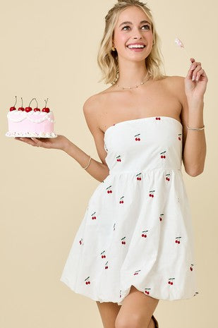 STRAPLESS CHERRY POPLIN MINI DRESS WITH BUBBLE HEM