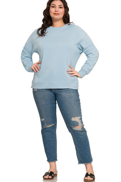 Plus FLEECE ROUND NECK RIBBED SIDE RAGLAN SWEATSHIRTS In Ash Blue