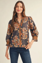 Autumn floral print blouse with ruffle V-neckline, embroidered smocking and 3/4 puff sleeves