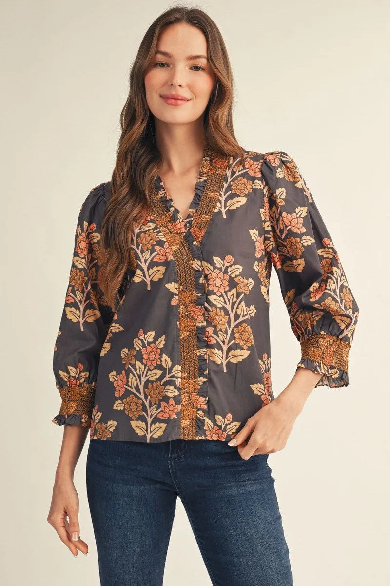 Autumn floral print blouse with ruffle V-neckline, embroidered smocking and 3/4 puff sleeves