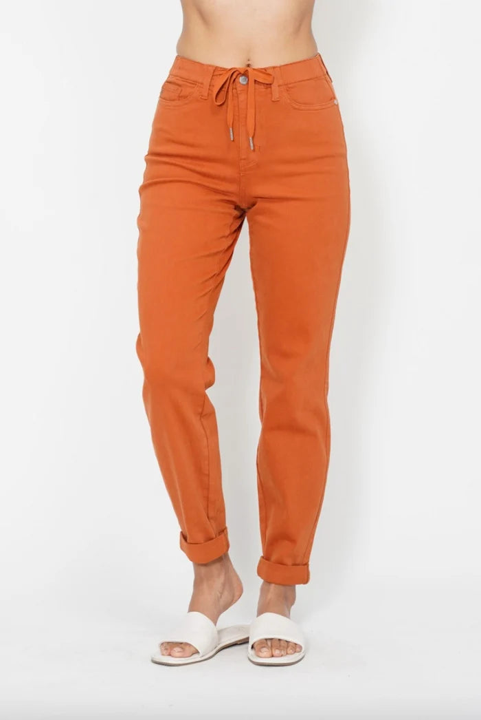 Front view of Judy Blue orange high waist double cuff denim joggers with a drawstring waist