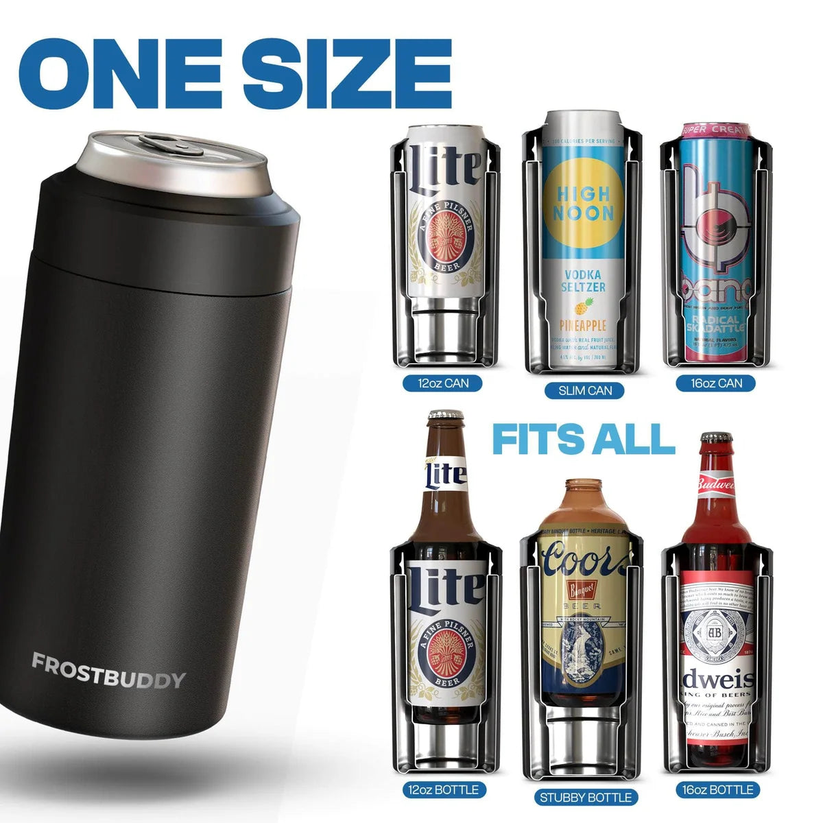 rost Buddy Universal Buddy cutaway diagram showing the fit of standard, slim and 16-ounce cans and several bottle shapes.