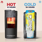 Frost Buddy Universal Buddy insulation graphic showing hot drinks for 6+ hours and cold drinks for 12+ hours.