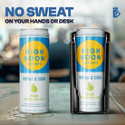 Side-by-side comparison of a bare drink can with condensation and a can inside a Frost Buddy Universal Buddy.