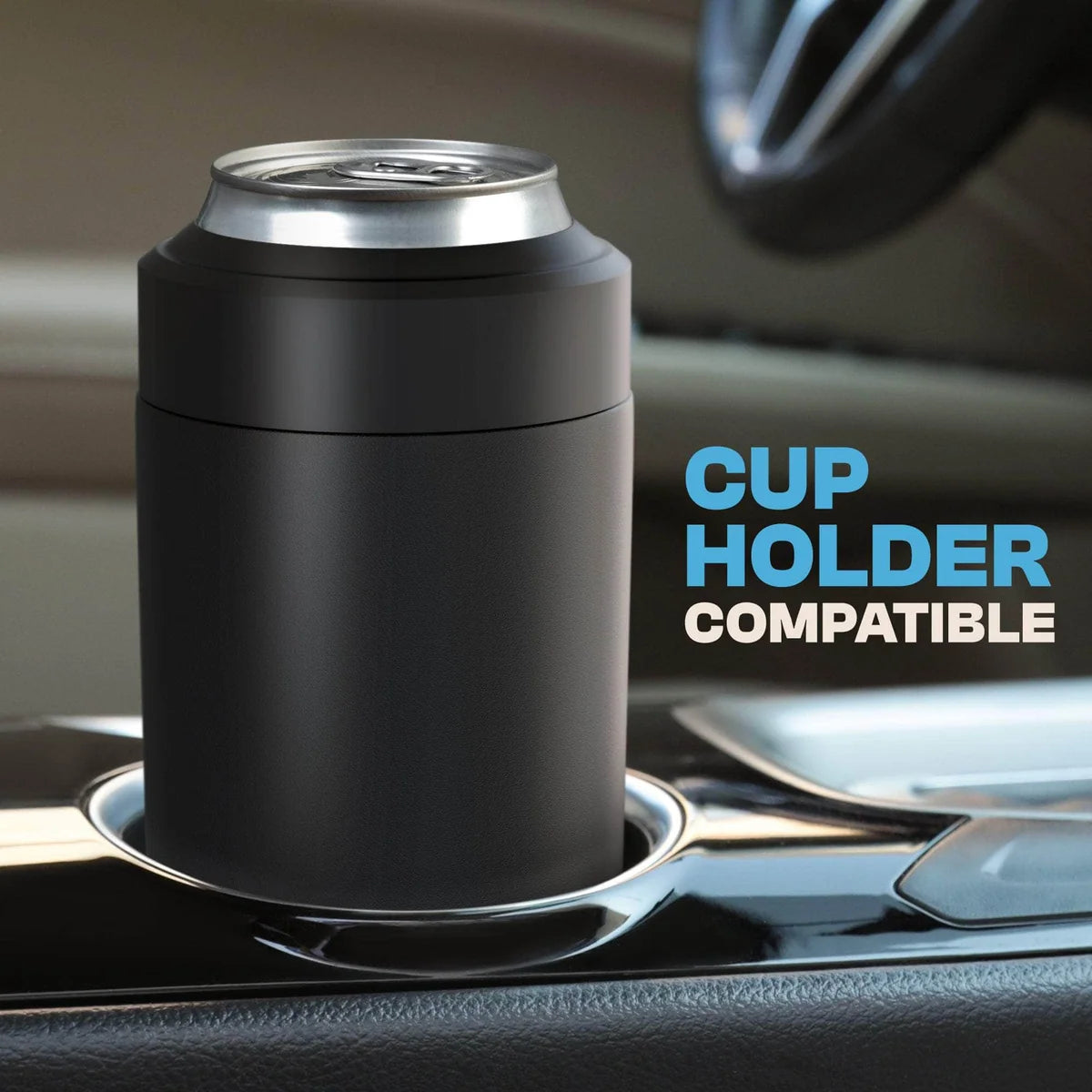 Black Frost Buddy Universal Buddy holding a can in a vehicle cup holder.
