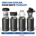 Frost Buddy Universal Buddy shown with its can-cooler lid and optional coffee, cocktail and protein-shaker lids.