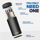 Exploded Frost Buddy Universal Buddy diagram showing the silicone lid, multi-fit insert, stainless steel body and non-slip bottom.