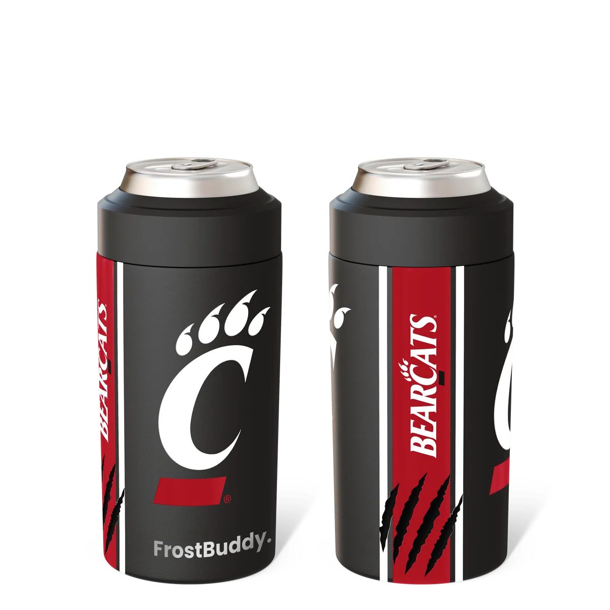 Two views of the black Frost Buddy Cincinnati Bearcats Universal Buddy with white team logos and a red Bearcats stripe.