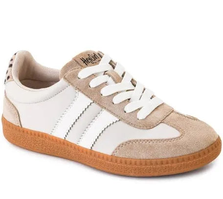 Corkys Heads Up white and taupe retro sneakers with white stripes and gum sole.