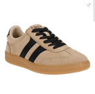 Corkys Heads Up tan suede-look sneakers with black stripes, black laces and gum sole.