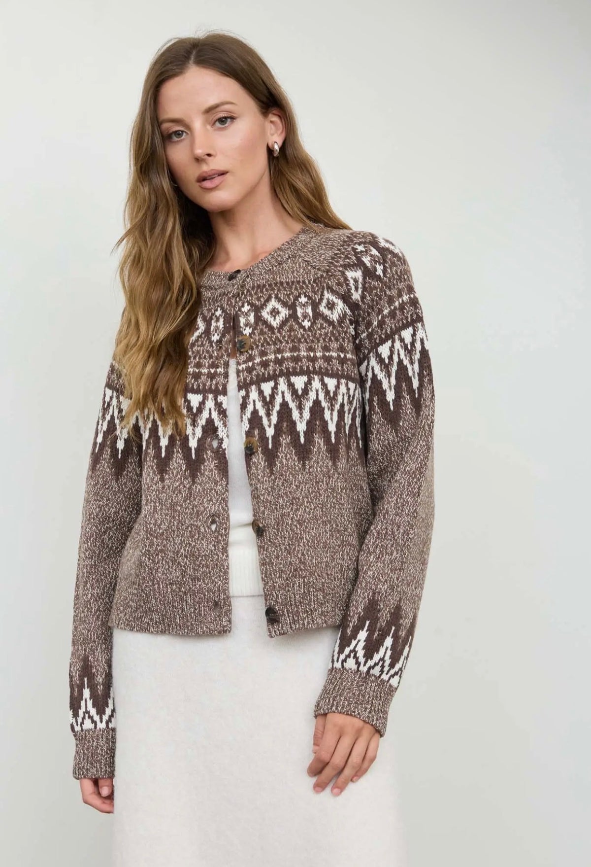 Marled fair isle button down knit cardigan sweater in Light Mocha – women's boutique cardigan