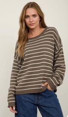 Cream striped oversized crewneck sweater in taupe – women's boutique knit sweater
