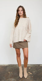 Heathered checkered texture long sleeve sweater in Oatmeal – women's boutique knit sweater