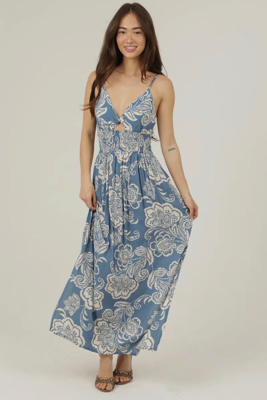 V-Neck Twist Front Tie Back Maxi Dress