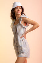 Sleeveless Woven Striped Romper with Pockets- BLUE STRIPE-How Cute is That? Boutique