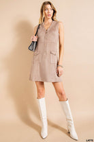 Women’s latte suede mini dress with V\-neck, button front and patch pockets