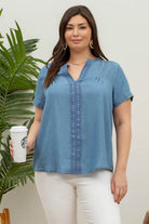 SPLIT NECK LACE TRIM CHAMBRAY TOP- PLUS SIZE-How Cute is That? Boutique