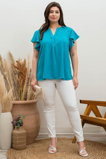 PLUS GRID PRINT SPLIT NECK LADDER LACE TRIM BLOUSE-How Cute is That? Boutique