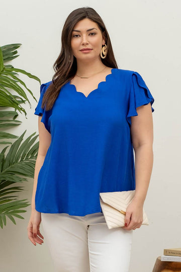 V NECK SCALLOP TRIM TULIP SLEEVE BLOUSE Plus size