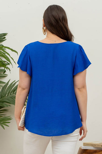 V NECK SCALLOP TRIM TULIP SLEEVE BLOUSE Plus size