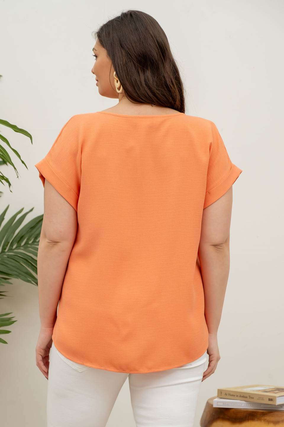 PLUS BUTTON FRONT SPLIT NECK CUFFED SLEEVE BLOUSE in Orange