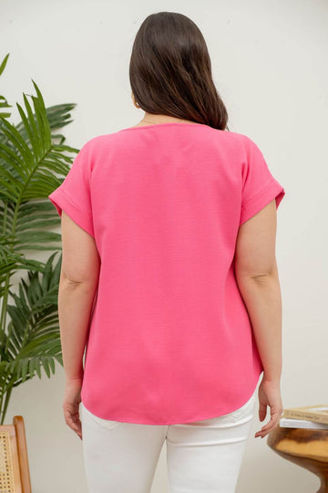 PLUS BUTTON FRONT SPLIT NECK CUFFED SLEEVE BLOUSE in Pink-How Cute is That? Boutique