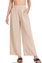 Washed double gauze elastic band waist pants in Ash Mocha-How Cute is That? Boutique