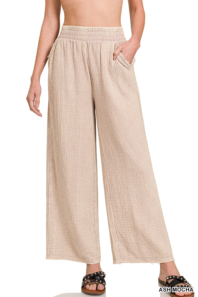 Washed double gauze elastic band waist pants in Ash Mocha-How Cute is That? Boutique