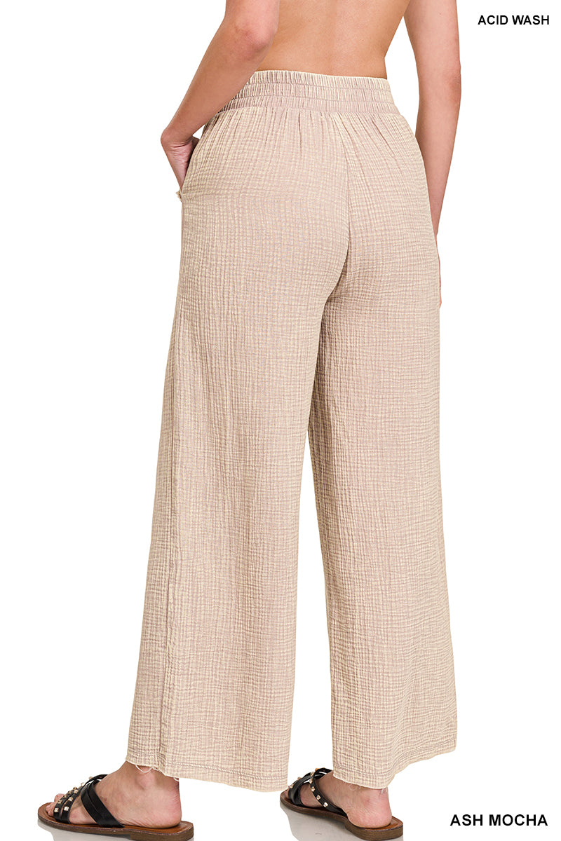 Washed double gauze elastic band waist pants in Ash Mocha-How Cute is That? Boutique