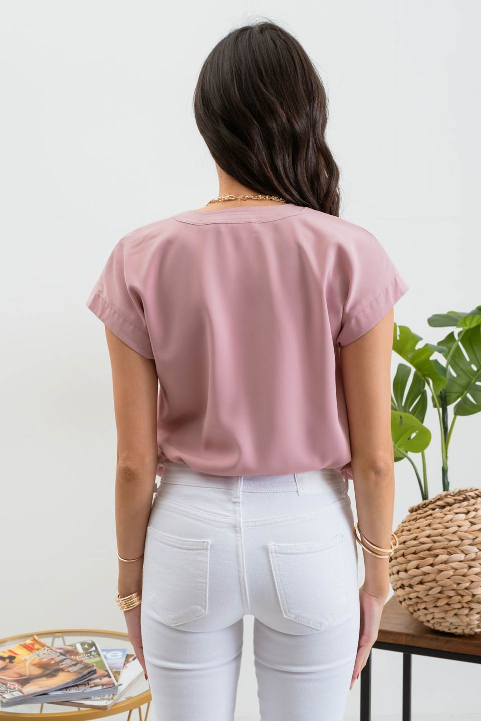 SOLID EXTENDED SHOULDER BLOUSE in Dusty Pink