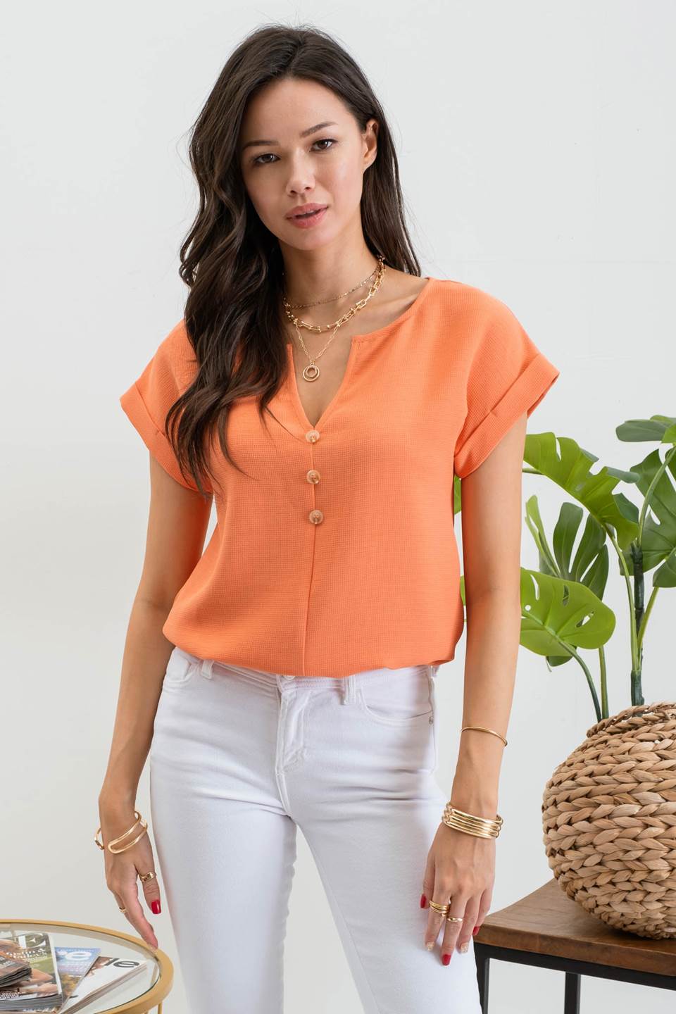 BUTTON FRONT SHORT SLEEVE BLOUSE TOP in Orange