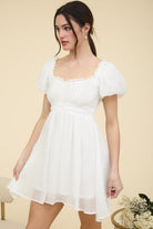 BALLOON SLEEVE RUFFLE TRIM BACK LACE UP MINI DRESS-How Cute is That? Boutique