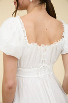 BALLOON SLEEVE RUFFLE TRIM BACK LACE UP MINI DRESS-How Cute is That? Boutique
