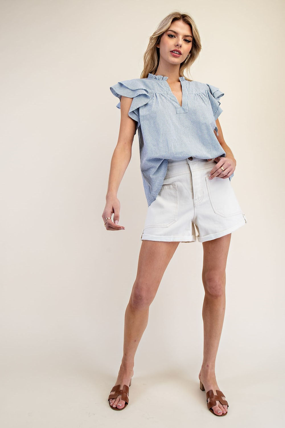 Striped Notched V-Neck Collar Top-How Cute is That? Boutique
