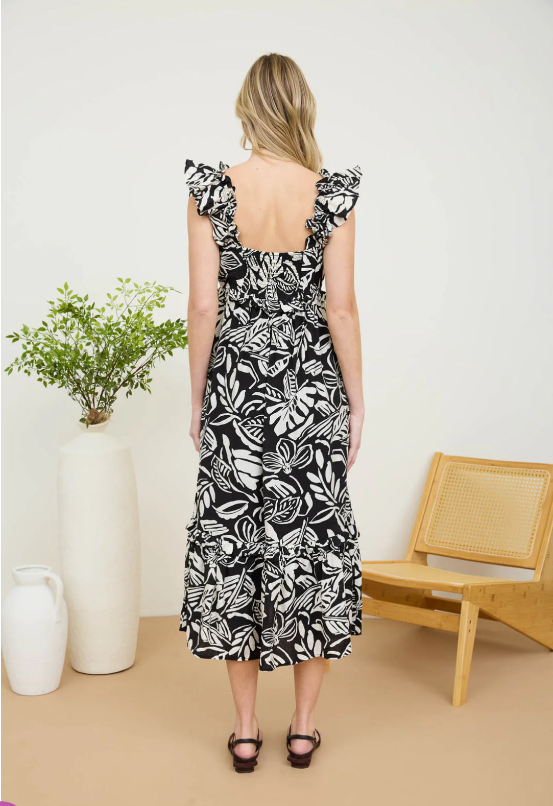 TROPICAL PRINT RUFFLE DETAIL MIDI DRESS-How Cute is That? Boutique