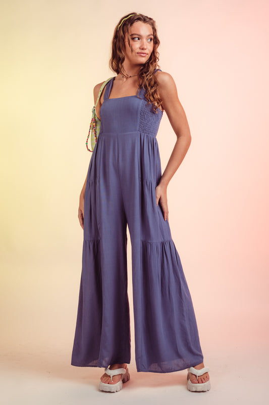 Sleeveless Woven Multi-Tier Pant Jumpsuit in Denim Blue