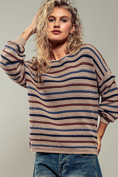 Layered Striped Textured Knit Crewneck Sweater