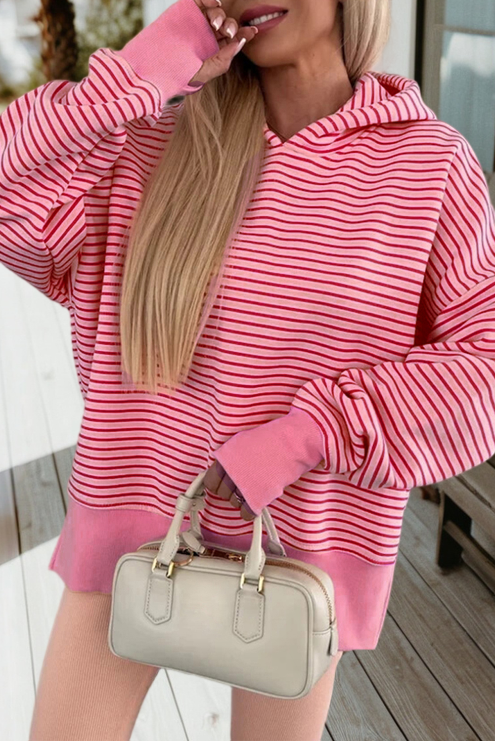Stripe Thumbhole Side Slits Loose Fit Hoodie