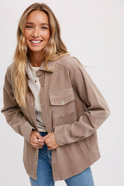 CORDUROY BUTTON DOWN SHACKET WITH POCKETS